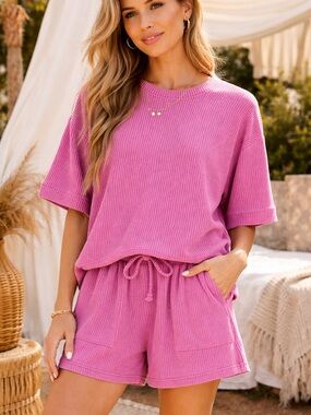 Zenana Pink Ribbed Lounge Set Size Large | Waffle Knit Top & Shorts Matching